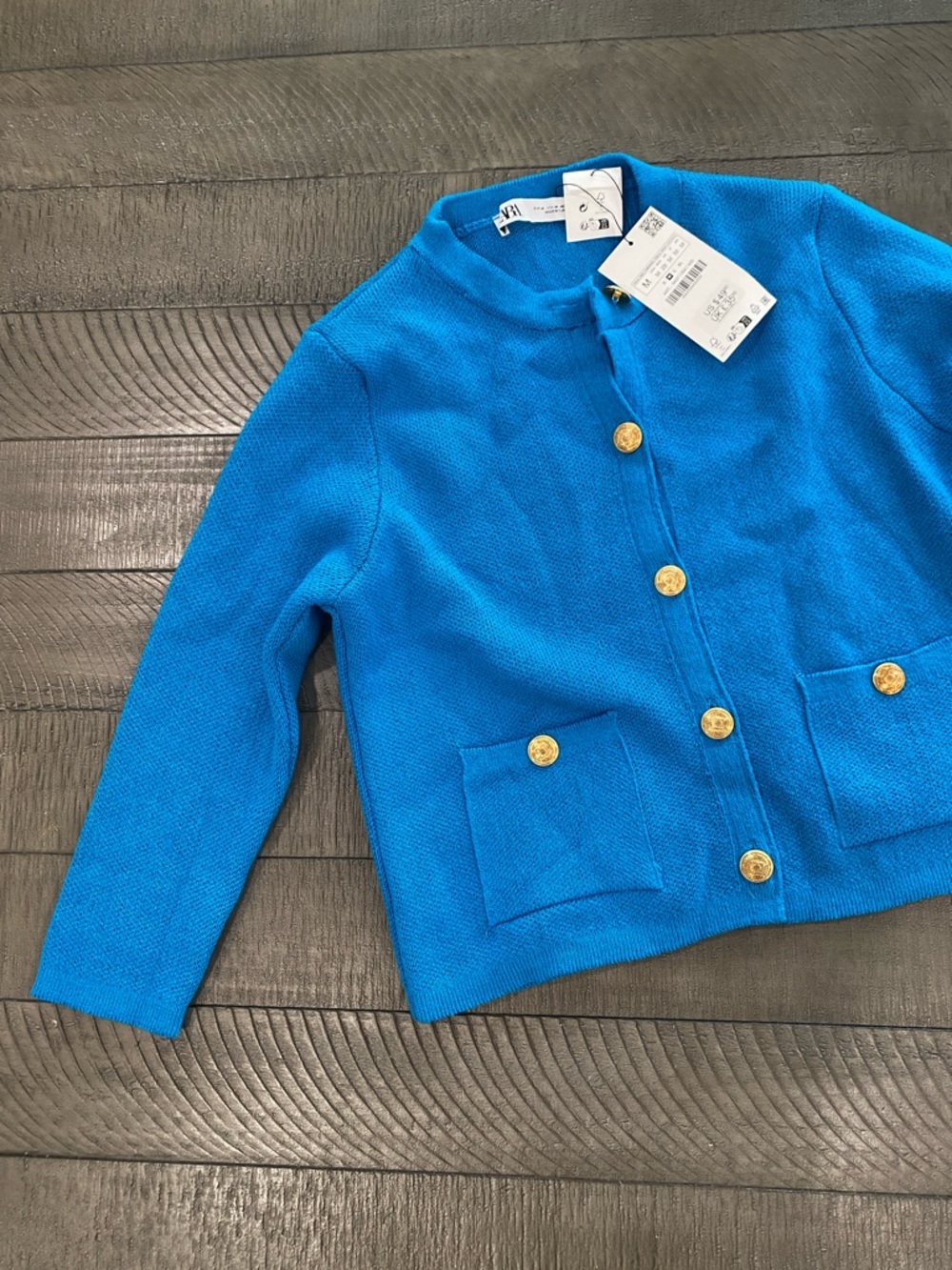 Zara Bright Blue Knit Cardigan with Gold Buttons